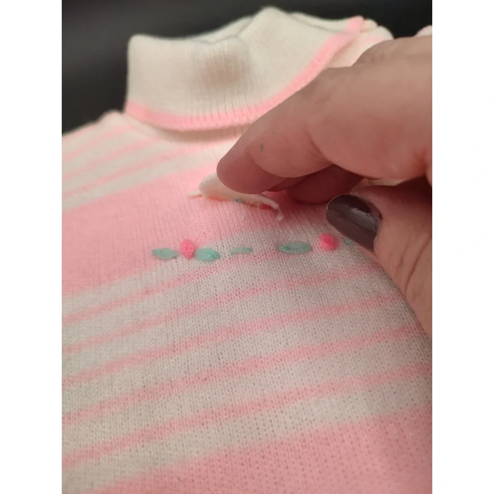 Vintage Novelty Knit Pink White Striped Bunny‎ Applique Sweater Bloomer Set 0-3M